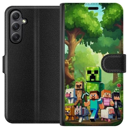 Kompatibelt Lommeboketui til Samsung Galaxy A24 4G Blokkete pikselerte spillverden med grønne figurer og dyr i frodig skogsmiljø