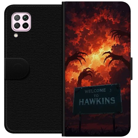Kompatibelt Lommeboketui til Huawei P40 lite Mørk apokalyptisk fantasi-scene med brennende himmel og Hawkins-skilt i Stranger Things-stil