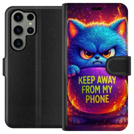 Kompatibel Tegnebogsetui til Samsung Galaxy S23 Ultra Vred luvat blå kat med teksten "Hold dig væk fra min telefon" i neonfarver og ildlignende effekt