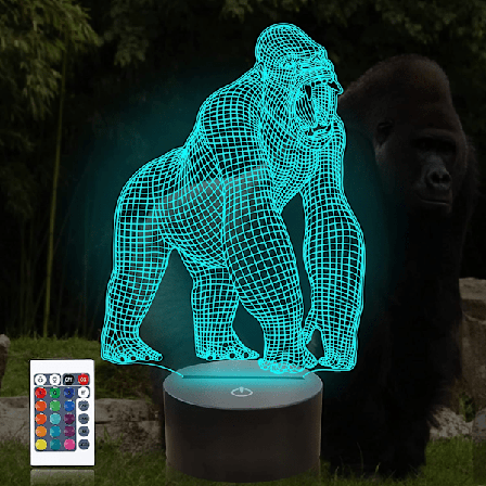 Gorilla 3D Illusion Lampe LED Optisk Hologram Nattlys 16 Farger Skiftende med Fjernkontroll Barneromsdekor