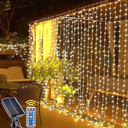 Solcellsdriven Ljusslinga Gardin med 300 LED-lampor, 3m x 3m, Fjärrkontroll, 8 Ljuslägen, Vattentät Utomhus Solcellsvattenfall för Trädgård, Balkong, 