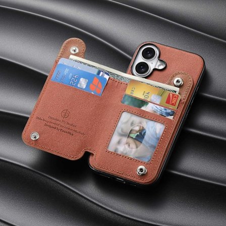 Etui til iPhone 16 Plus brun stor kortholder opbevaringsstativ almindeligt læder anti-fald slidstærk