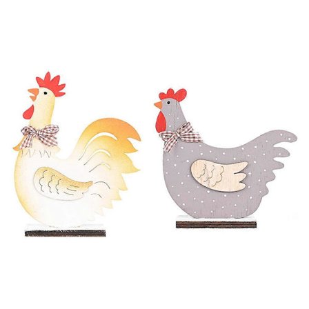 Sæt med 2 stk. rustikke træhøne- og hane-statuer - udskåret boligindretning - dyreskulptur - haveindretning