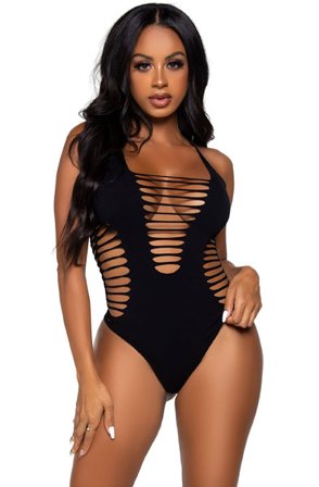Racer Back Thong Bodysuit Black O/S Teddy