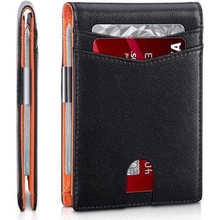 Tyverisikker RFID-kortholder i skinn med 12 kortspor, Tabby svart oransje