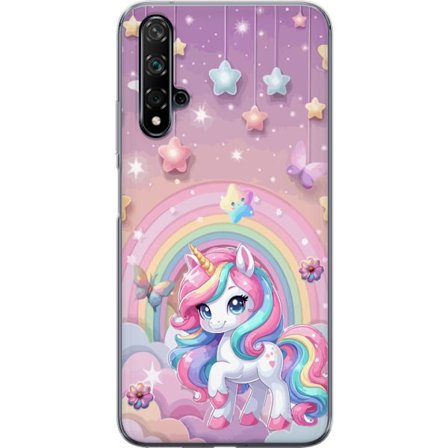 Kompatibelt Mobildeksel til Huawei nova 5T Magisk enhjørning med regnbue manke, stjerner og sommerfugler mot en pastellhimmel med skyer