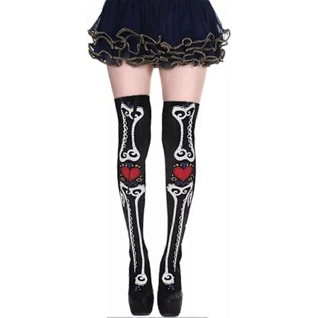 Dam Halloween Dödskalle Gotisk Svart Långa Strumpor Skelettben Lårhöga Över Knästrumpor Cosplay Strumpor