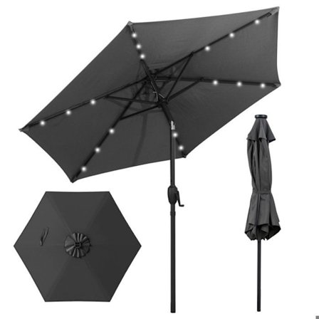 230 cm Aurinkovarjo - 18 LED-valoa - COSTWAY - Kallistus Painikekäyttöisellä Käsikoneella - Tuulettuva Haara Harmaa