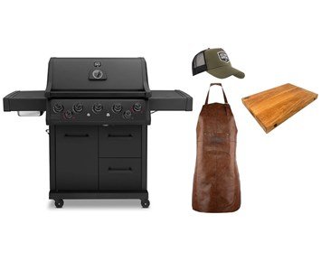 Austin and Barbeque-AABQ - Pro 5+2B + Rotisserie + AABQ - Apron + AABQ - Cap + Skjærefjøl-AABQ gassgrill med forkle, caps og skjærefjøl i eik-