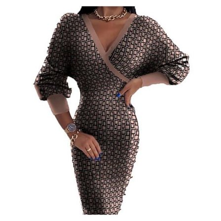 Printet langærmet kjole med V-udskæring bagpå