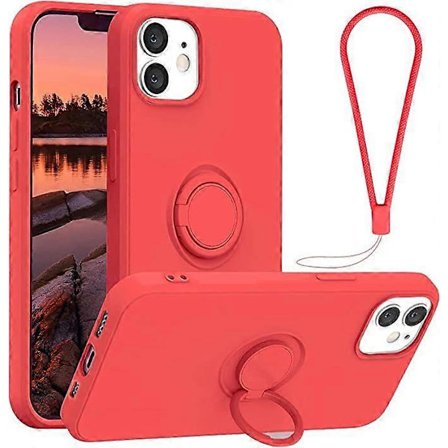 Silikone ringholder mobiltelefon cover til iPhone 12 mini, 360 graders holder beskyttelsescover med håndrem, understøtter magnetisk bilholder - Rød