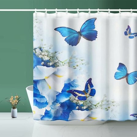 Dusjforheng, Stoff Dusjforheng Liner, Blå Sommerfugl Dusj Stall Gardin med 12 Kroker for Hjem Hotell Dusj Gardiner for Bad Vannproo