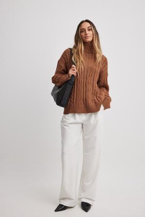 NA-KD Pull col roulé en maille torsadée - Tricot épais - Brun - XX-Small