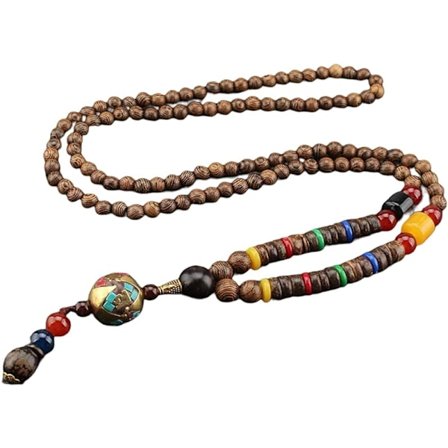 Vintage Käsityönä Neule Pitkä Etninen Kaulakoru Ketju Luonnon Puun Veisto Pyöreä Helmet Nepalese Bohemi