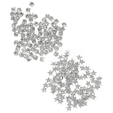 100 kpl Hopeanvärisiä niittejä: 100 kpl Tähtiniittejä laukkuihin/kenkiin/käsineisiin 10 mm, 100 kpl Neliöniittejä laukkuihin
