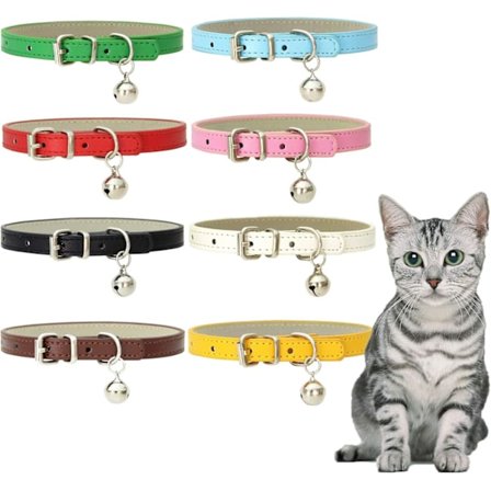 Katt halsbånd i lær med bjeller og slitesterke, justerbare metallspenner, håndlagde, 8 stk.