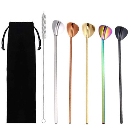 Återanvändbara sugrör med sked, sugrör i rostfritt stål med rengöringsborste, förvaringsväska, dricksked för speciella gåvor