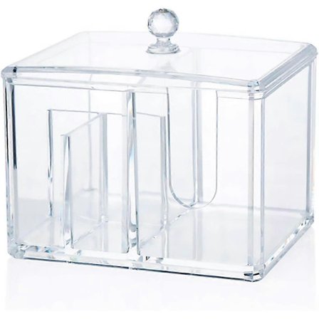 Bomulds Makeup Opbevaring Bomuldsrondel Organizer Vatpind Holder Akryl Kosmetisk Opbevaringsboks med Låg, 4 Rum, 14*10.2*10cm, transparent