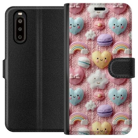 Yhteensopiva Lompakkokotelo Sony Xperia 10 II Pastellimotiiivi sydämillä, pilvillä, sateenkaarilla ja makaronseilla vaaleanpunaisella taustalla sulois