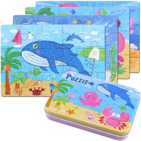Trepuslespill for barn med 4 forskjellige vanskelighetsgrader, 9, 12, 15 og 20 biter, den perfekte pedagogiske versjonen av puslespill under havet