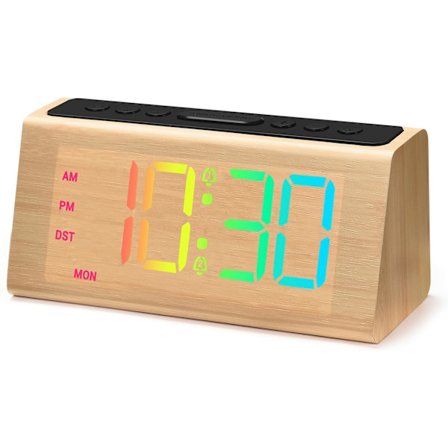 Digital vekkerklokke i tre med USB – høy alarmvolum, dimmer og slumrefunksjon for soverom og skrivebord, brun design
