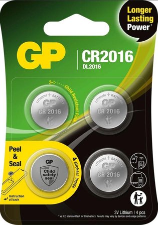GP CR2016 Lithium knappcelle-batteri 4-pk 3V, Safety Seal