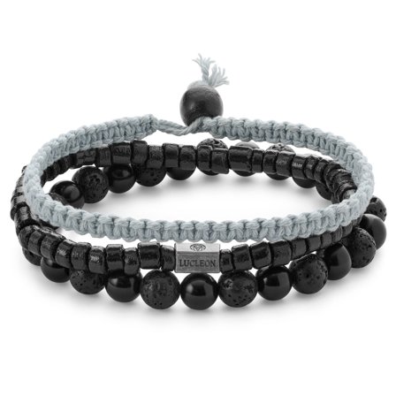 Black & Grey Lava Rock, Onyx, Coconut, and Surgical Steel Bracelet Set for Men - Beaded bracelets