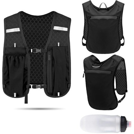 Hydrerende løbevest, letvægtsrygsæk - Udendørs eventyr (1*Sort vest, 1*Vandflaske)