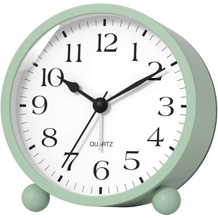 Stille analogt vækkeur med natlys, biplyd, blid vækning, batteridrevet, nem indstilling (grøn)