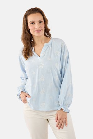 JENSEN - Langærmet Bluse - Lyseblå - Broderet Mønster