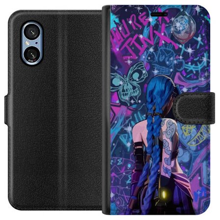 Yhteensopiva Lompakkokotelo Sony Sony Xperia 5 V Värikäs graffitipiirros, jossa on sinisellä hiuksilla varustettu hahmo kaupunkimaisessa neon-tyyli