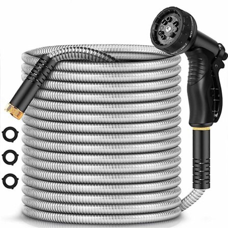 Metall Trädgårdsslang 7,6 m, Vattenslang i Rostfritt Stål med Krossningsbeständig Koppling, Trasselfri & Knickfri - WELLNGS