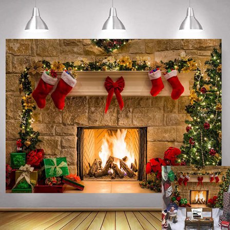 Vinylbakgrund med Snöflinga och Öppen Spis-tema, Fotobakgrund för Juldekorationer Fotobås Användning, Lätt att Hänga Återanvändbar Bakgrund