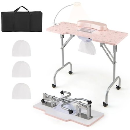 COSTWAY Fällbar Manikyrbord med Dammsugare, LED-lampa och Kundens Handledskudde, Rosa