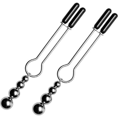 Triple Perle Brystvorteklemme Sæt – Justerbare Pincet-stil Klemmer med Bløde Vinylspidser & Vægtede Perler – Sensorisk Leg for Par, , & Erotisk 