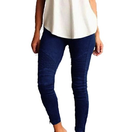 Sköna Navy Blå Stretchiga byxor med fickor och mönstrade ben