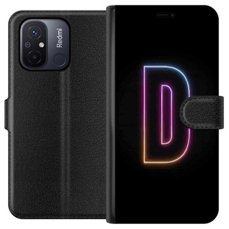 Kompatibel Tegnebogsetui til Xiaomi Xiaomi Redmi 12C Minimalistisk neonbogstav D i farveskiftende lys mod sort baggrund i moderne digital design