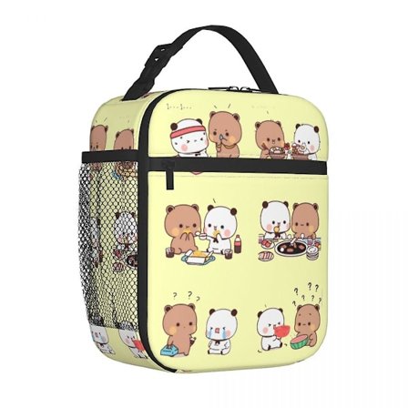 Söpö Bubu ja Dudu -lämpöeristetty lounaslaukku ulkokäyttöön, karhu-panda-sarjakuva, kannettava lounaslaukku, valkoinen