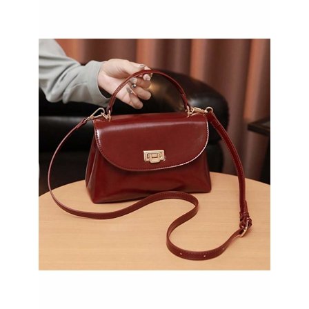 Pendlarhandväska för damer, axelväska i läder med lock, plånbok, med avtagbar axelrem, lämplig för vardagsbruk - Vinröd