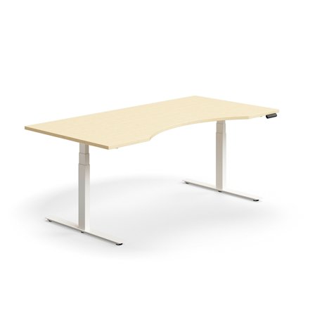 Schreibtisch QBUS höhenverstellbar, geschwungen, 2000x1000 mm, Gestell weiß, Birke