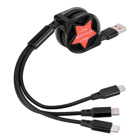 3 i 1 opladeligt kabel, indtrækkeligt, rødt stjerne opladningskabel, kabel til IOS Type C USB port stik, sort