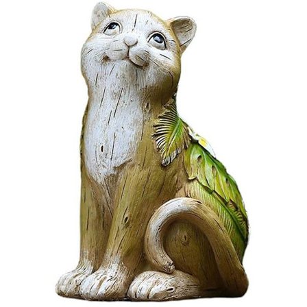 Kattehave statue med blade og blomster, udendørs kunst killinge statue ornament til terrasse veranda indendørs dyreskulptur