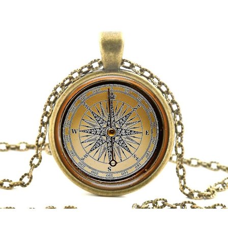 Vintage Kompass Glass Anheng Halskjede, Gammeldags Antikk Stil Bilde Smykker-mxbc