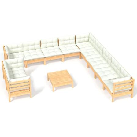Vidaxl Loungegrupp Med Gräddvita Dynor 12 Delar Massiv Furu Creme