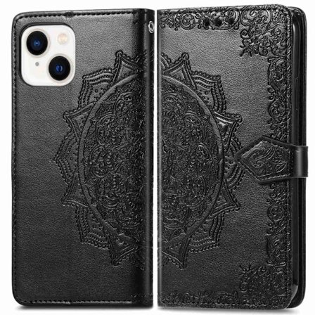 Mandala läder iPhone 14 fodral - Svart