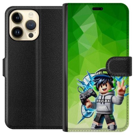 Kompatibelt Lommeboketui til Apple iPhone 15 Pro Max Roblox-inspirert gamerfigur med headset, håndkontroll og energiske effekter mot grønn bakgrunn