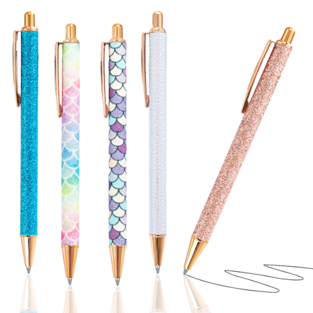 Metal Kuglepenne Sæt med Udtræk, 5 Stk. Metal Glitter Sort Blæk Penne, 1.0mm Komfortabel Skrivepen, Havfruebølge Motiv Smuk Pen til Kvinder
