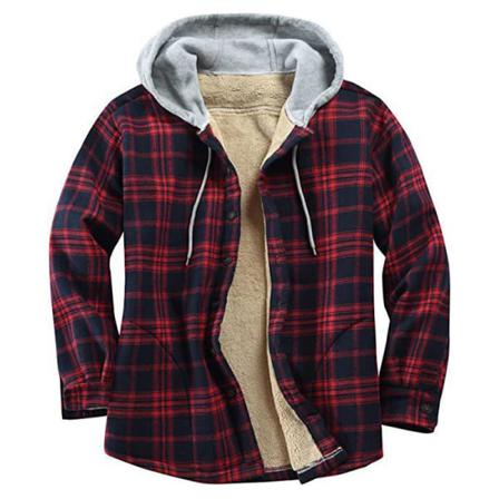 Män Rutig Långärmad Sherpa Hoodie Button Up Tjock Skjorta Jacka