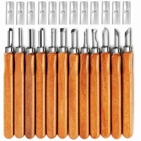Wood Carving Tools, 12-Piece Wood Carving Tool Set in SK5 Carbon Steel for Beginners and Professionals