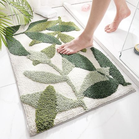 Sklisikker badematte, grønn blad baderomsmatte supermyk og vannabsorberende